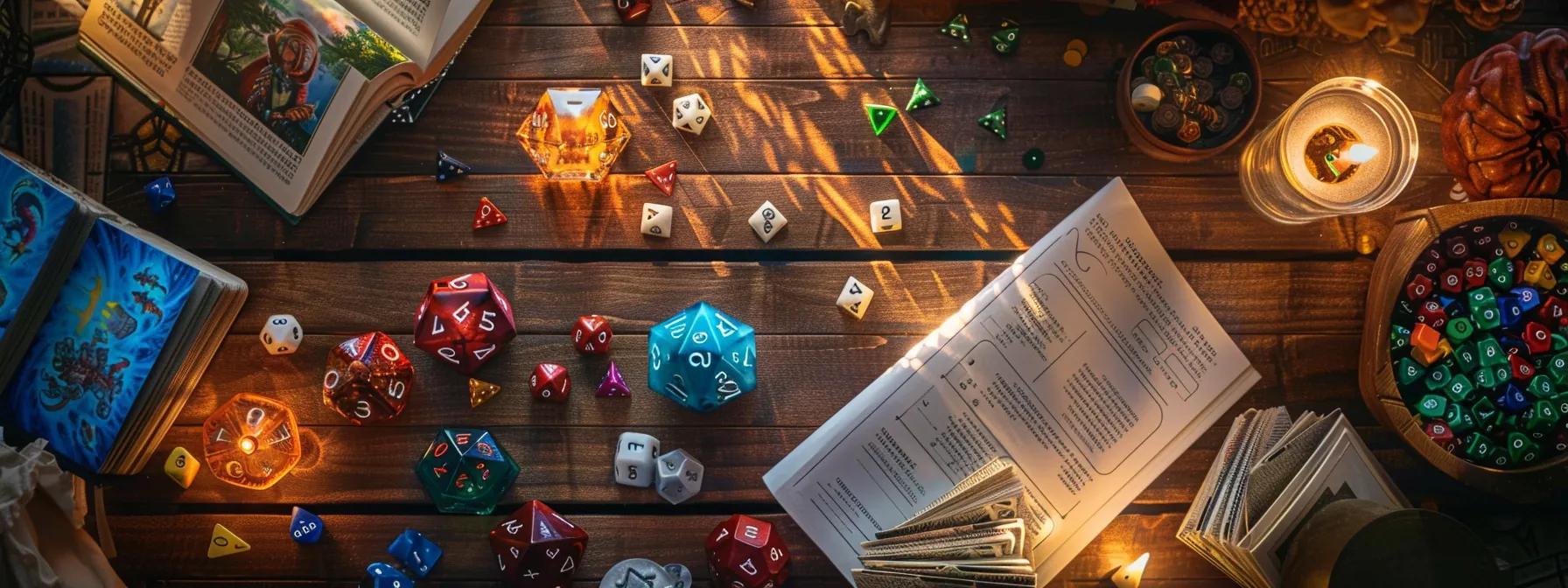 a cozy, dimly-lit tabletop setting showcases a vivid array of colorful dungeons & dragons dice, open rulebooks, and character sheets, creating an inviting atmosphere for beginners ready to embark on their role-playing adventure.