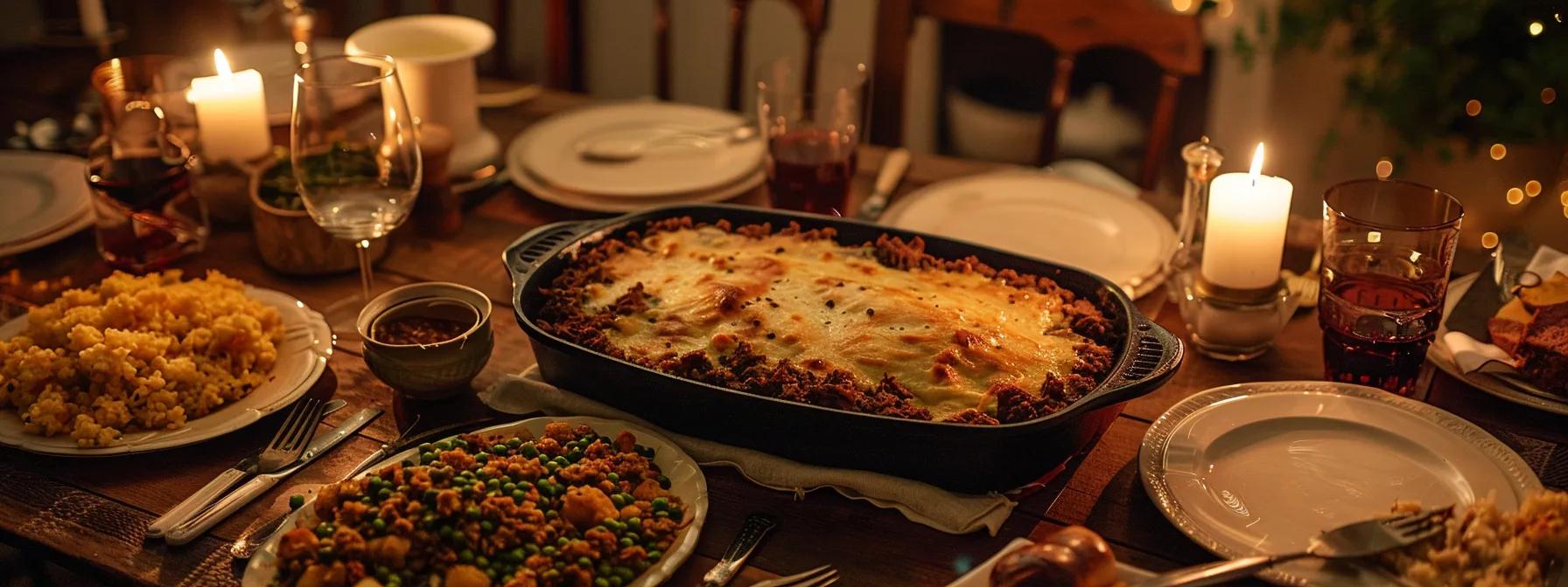 a cozy dining table set with an array of delicious ground beef dishes, including a beautifully glazed meatloaf and a bubbling casserole, illuminated by warm, inviting overhead lighting, creates an atmosphere of family comfort and shared meals. a cozy dining table set with an array of delicious ground beef dishes, including a beautifully glazed meatloaf and a bubbling casserole, illuminated by warm, inviting overhead lighting, creates an atmosphere of family comfort and shared meals.