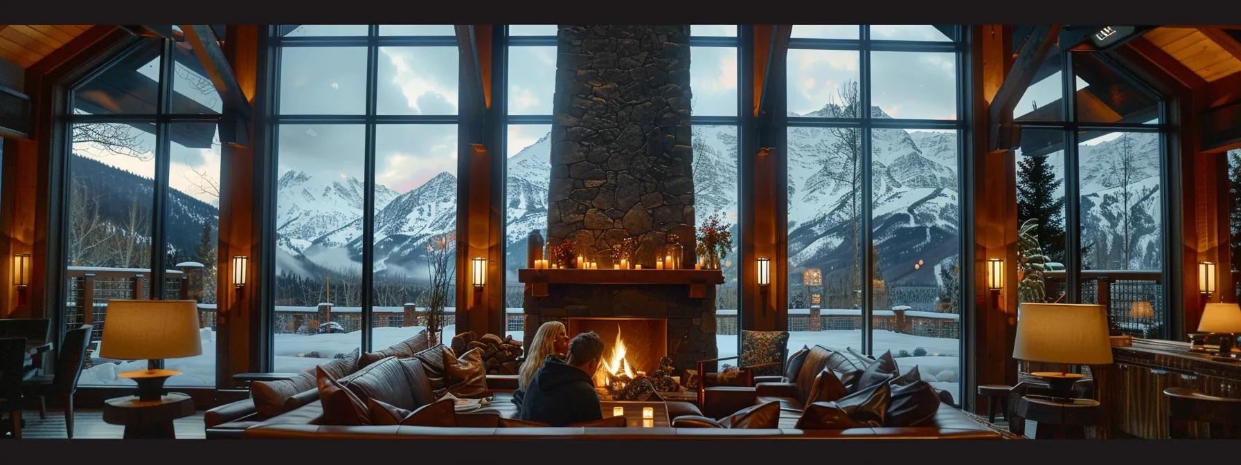 a cozy, elegantly designed lodge interior showcases a couple lounging by a crackling fireplace, with soft, ambient lighting highlighting the intimate atmosphere, while large windows reveal breathtaking mountain vistas beyond.