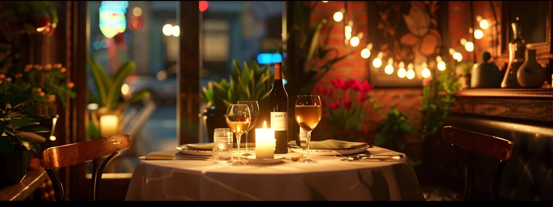 a cozy, elegantly set restaurant table for two, adorned with flickering candles and a bottle of wine, captures the essence of romance in an intimate urban dining space, surrounded by soft, ambient lighting and subtle decor.