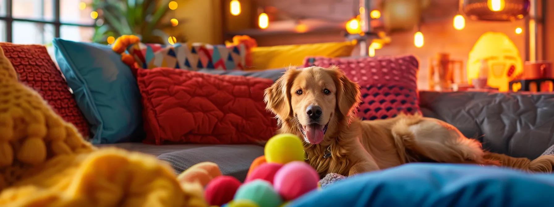 a cozy indoor space features an exuberant dog joyfully engaging with a vibrant array of soft plush toys, set against a warm backdrop of colorful cushions and playful decor, highlighting the benefits of these toys in enhancing the dog's emotional well-being and playfulness. a cozy indoor space features an exuberant dog joyfully engaging with a vibrant array of soft plush toys, set against a warm backdrop of colorful cushions and playful decor, highlighting the benefits of these toys in enhancing the dog's emotional well-being and playfulness.