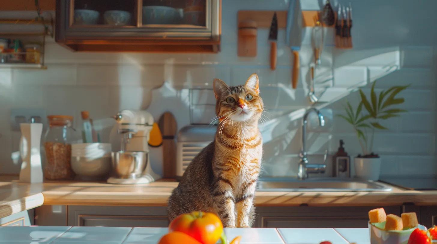 a cozy, modern kitchen where a playful cat enthusiastically indulges in a variety of colorful cat treats from salty cat, with a backdrop of stylish countertops and well-organized space, highlighting the theme of feline indulgence. a cozy, modern kitchen where a playful cat enthusiastically indulges in a variety of colorful cat treats from salty cat, with a backdrop of stylish countertops and well-organized space, highlighting the theme of feline indulgence.