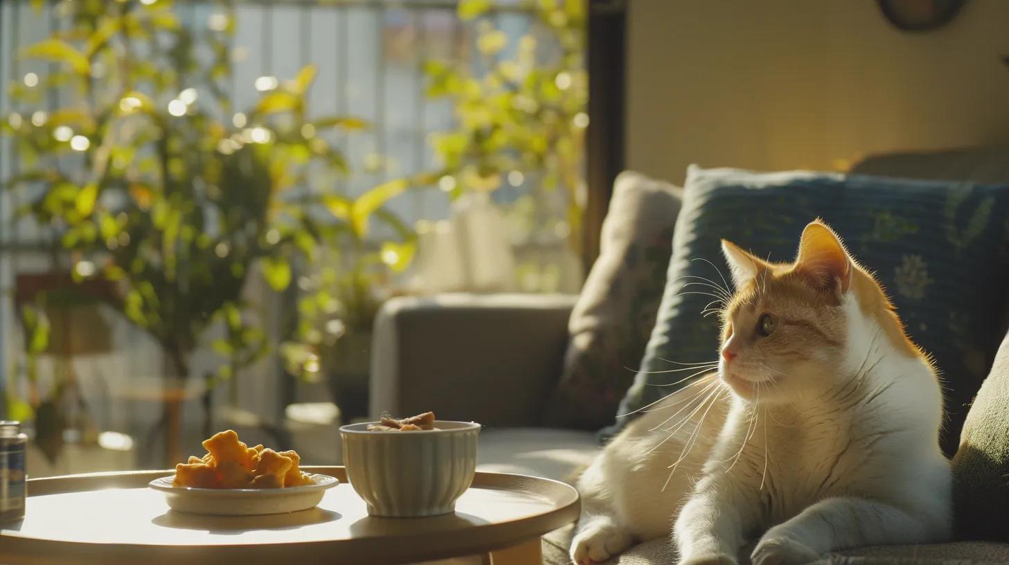 a cozy, modern living room features a playful cat eagerly indulging in salty cat treats, with a balanced selection of nutritious foods visible in the background, symbolizing effective management of dietary habits. a cozy, modern living room features a playful cat eagerly indulging in salty cat treats, with a balanced selection of nutritious foods visible in the background, symbolizing effective management of dietary habits.