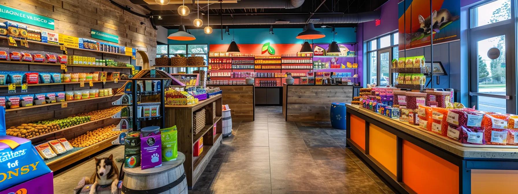 a cozy, modern pet store interior showcases a vibrant display of colorful, digestible puppy chew options, with happy puppies exploring the enticing selection under warm, inviting lighting.