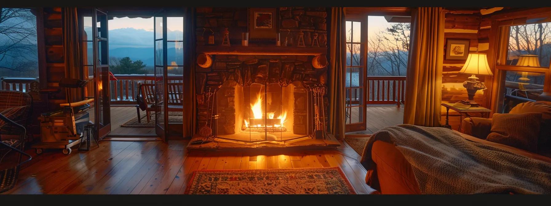 a cozy, rustic lodge with a warm fireplace, elegant decor, and a private deck overlooking the majestic blue ridge mountains, creating a serene atmosphere perfect for couples seeking romance and relaxation.