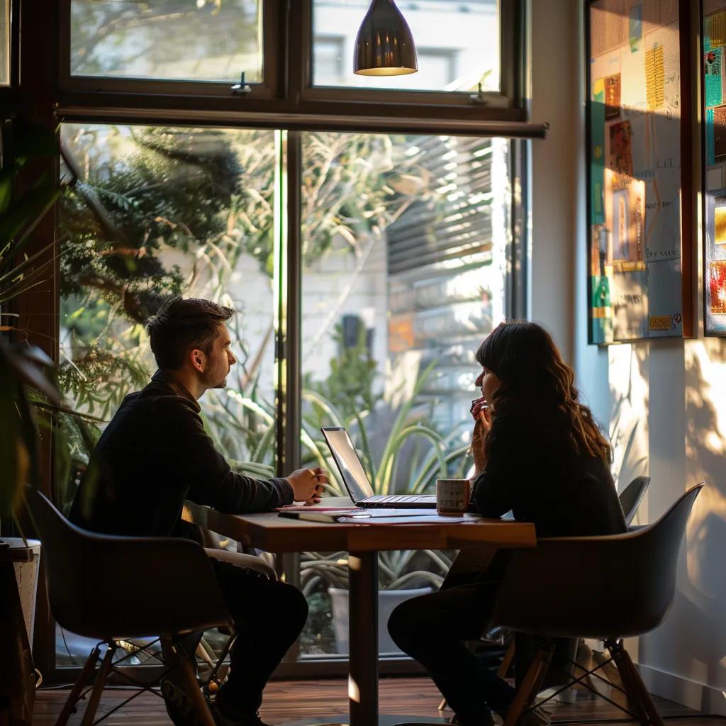 a cozy, warmly lit office setting captures an engaging conversation between two individuals seated across from each other at a sleek wooden table, their expressions reflecting genuine understanding as they explore the nuances of apology languages to foster healthier relationships.