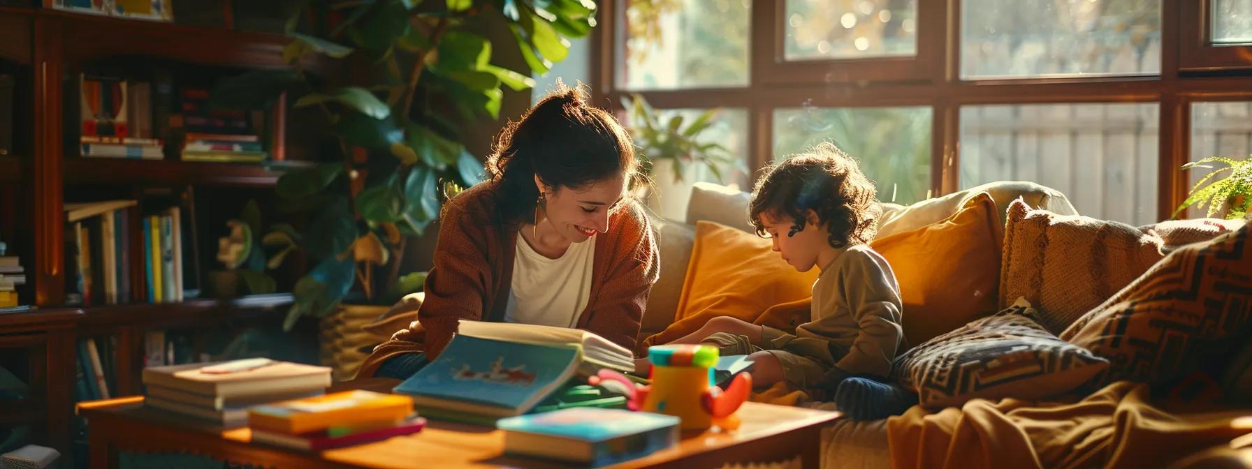 a cozy, well-lit living room scene captures a parent and child joyfully engaging in a colorful learning activity together, surrounded by books and educational toys, embodying the essence of play-based learning enhancing their relationship and fostering early development. a cozy, well-lit living room scene captures a parent and child joyfully engaging in a colorful learning activity together, surrounded by books and educational toys, embodying the essence of play-based learning enhancing their relationship and fostering early development.