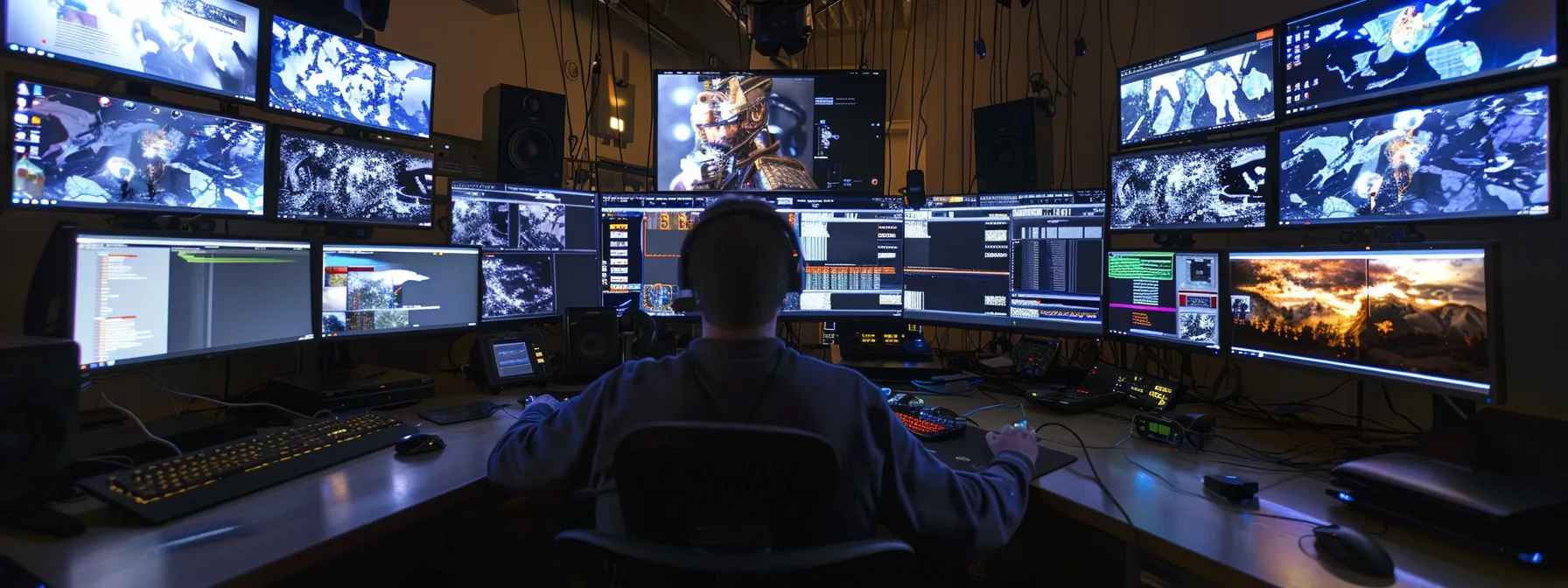 a cybersecurity analyst examining multiple computer screens displaying real-time updates on emerging cyber threats.