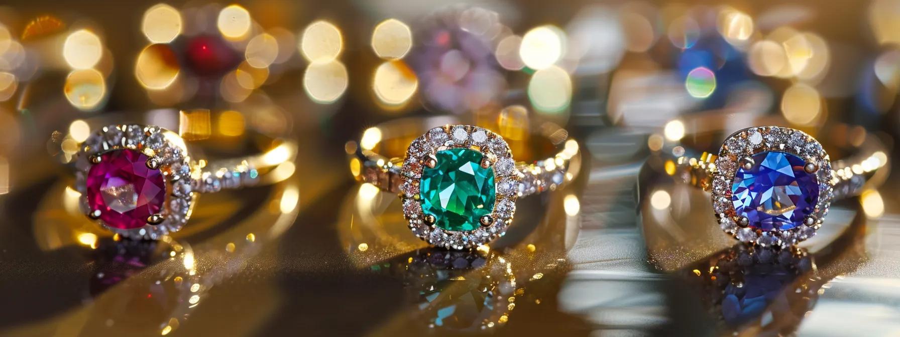 a dazzling display of unique engagement rings featuring vibrant colored gemstones—sapphires, emeralds, and tourmaline—showcased elegantly on a sleek, polished office desk, illuminated by soft, contemporary lighting that highlights their individuality.