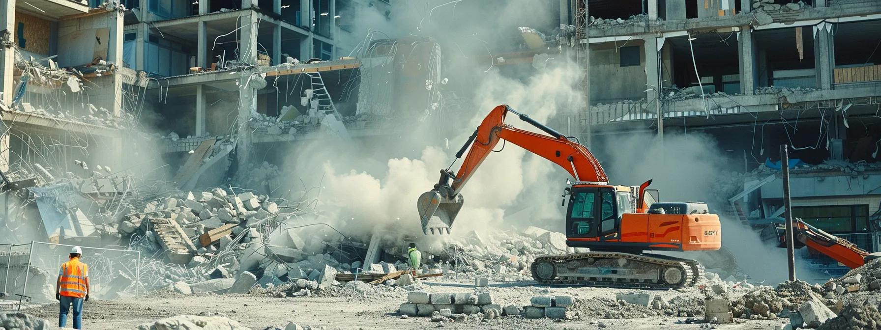 a demolition contractor in high-visibility gear operating heavy machinery to carefully demolish a concrete structure in a construction site. a demolition contractor in high-visibility gear operating heavy machinery to carefully demolish a concrete structure in a construction site.
