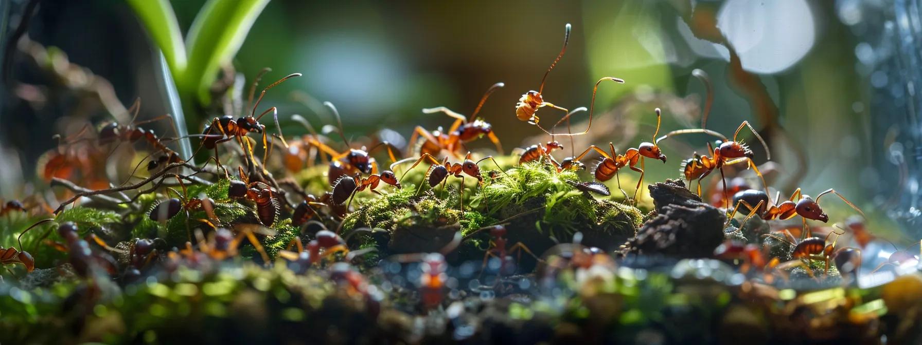 a detailed close-up of a well-organized ant colony habitat within a sleek, modern terrarium, showcasing various carefully arranged food sources and hydration methods, illuminated by soft, focused lighting to highlight the ant activity and vibrant details of their environment. a detailed close-up of a well-organized ant colony habitat within a sleek, modern terrarium, showcasing various carefully arranged food sources and hydration methods, illuminated by soft, focused lighting to highlight the ant activity and vibrant details of their environment.