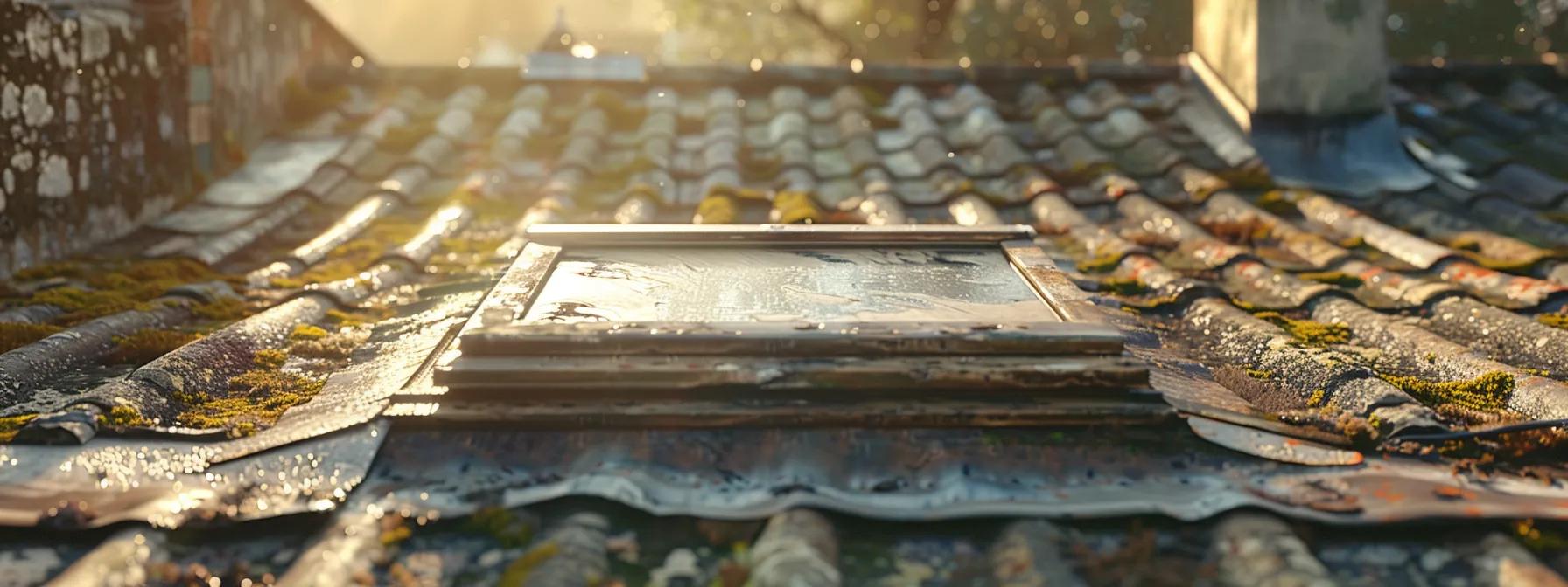 a detailed view of a weathered rooftop featuring a prominently integrated skylight and chimney, showcasing areas of potential water damage and inadequate sealing under soft, ambient indoor lighting for a candid, realistic effect. a detailed view of a weathered rooftop featuring a prominently integrated skylight and chimney, showcasing areas of potential water damage and inadequate sealing under soft, ambient indoor lighting for a candid, realistic effect.