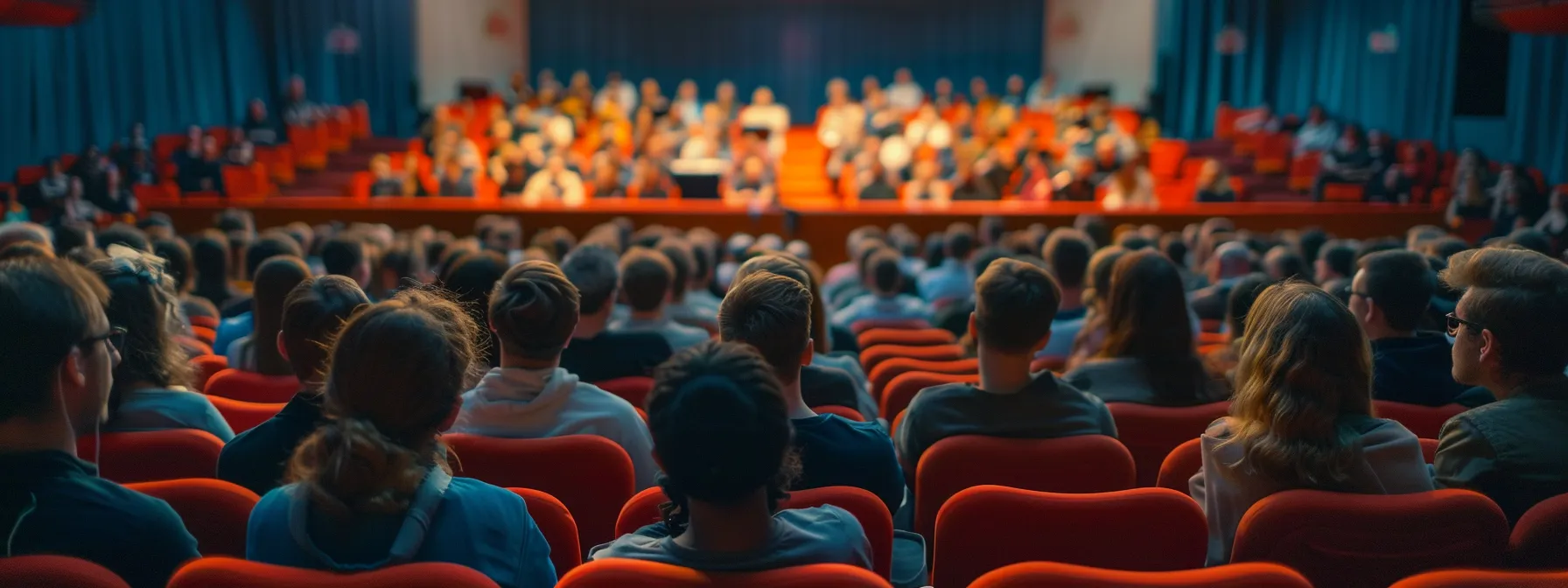 a diverse audience eagerly listens to an engaging pre-concert talk in a beautifully accessible concert venue, with interactive features enhancing the concert experience. a diverse audience eagerly listens to an engaging pre-concert talk in a beautifully accessible concert venue, with interactive features enhancing the concert experience.