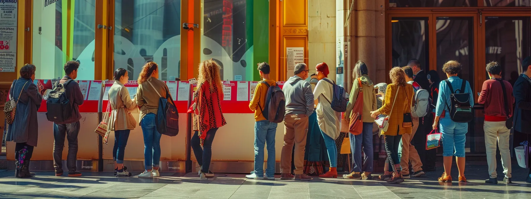 a diverse group of people of all ages and backgrounds eagerly queuing up at a ticket booth outside a grand concert hall, with colorful subscription packages and group discount signs displayed prominently. a diverse group of people of all ages and backgrounds eagerly queuing up at a ticket booth outside a grand concert hall, with colorful subscription packages and group discount signs displayed prominently.