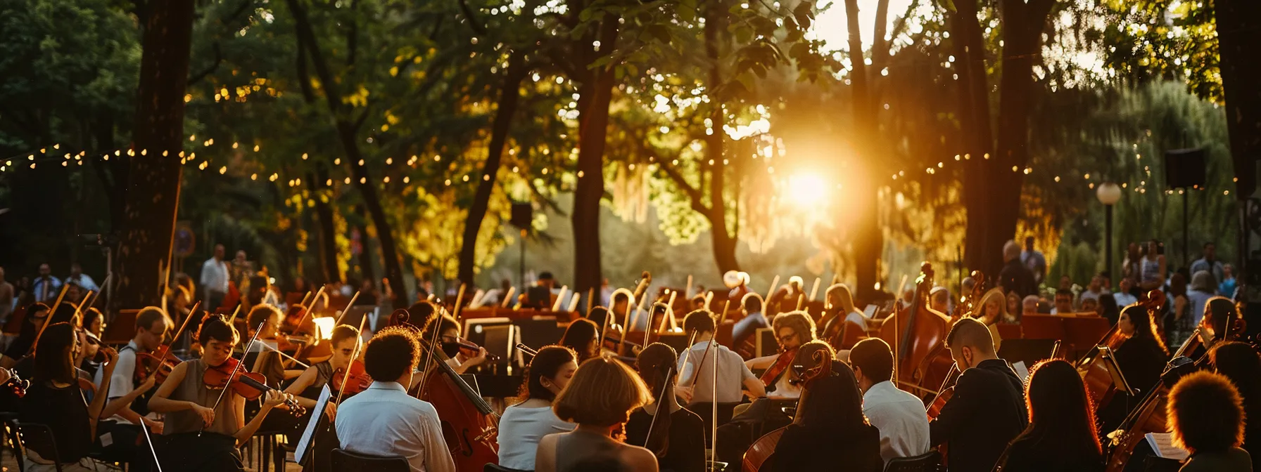 a diverse group of people from the community listening attentively to a live orchestra performance in a local park. a diverse group of people from the community listening attentively to a live orchestra performance in a local park.