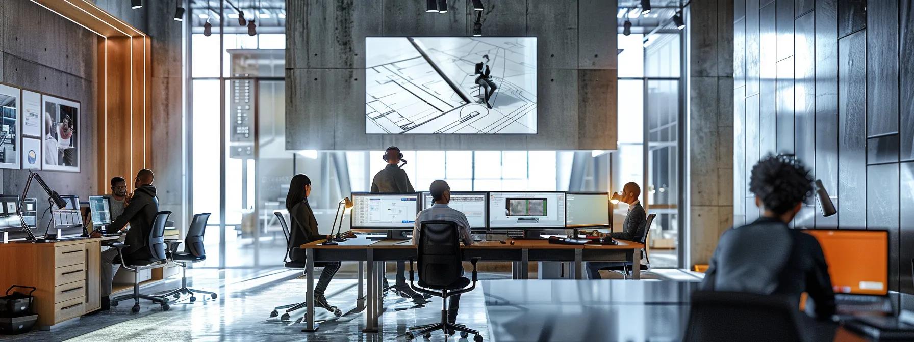 a dynamic interior office scene showcases a diverse group of focused professionals engaging with advanced autocad software on sleek laptops, surrounded by modern design elements and vibrant displays, illustrating the theme of productivity enhancement through advanced training techniques.