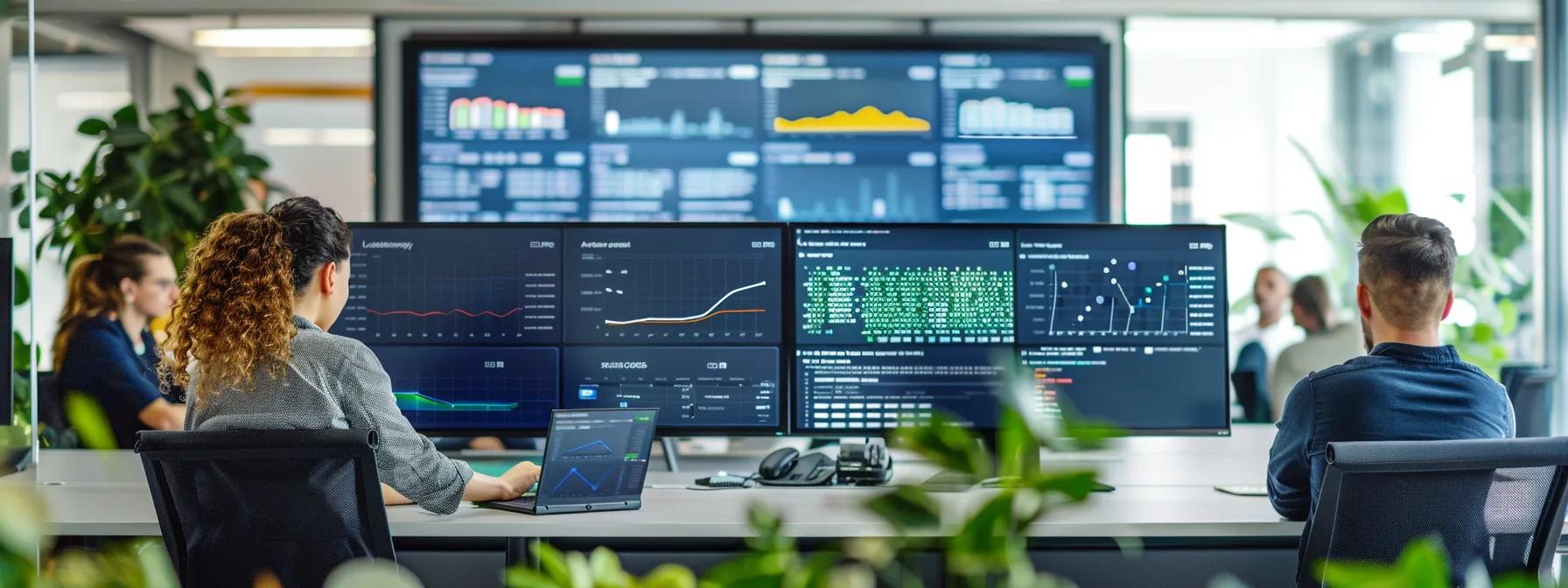 a dynamic modern office workspace showcases a diverse team collaborating around a large digital dashboard, analyzing real-time local seo metrics and competitor insights displayed on sleek screens, embodying the integration of ai tools for optimizing local search performance.