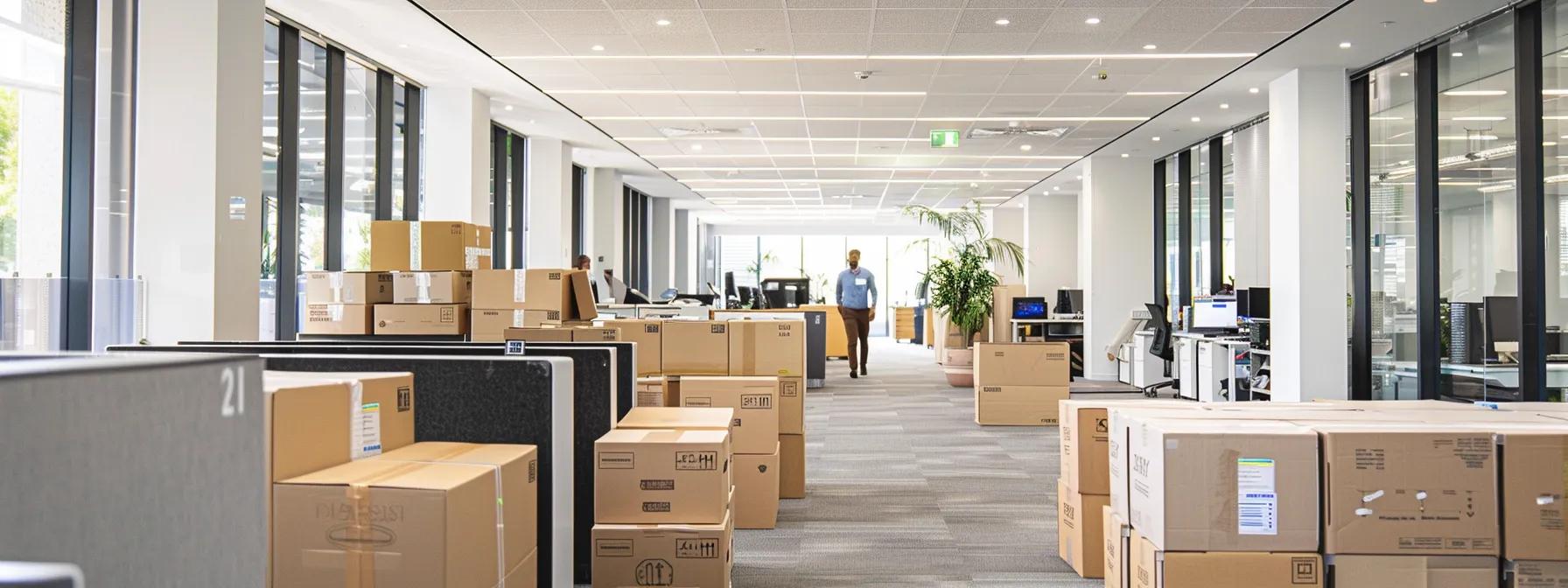 a dynamic office environment showcasing specialized removalists in action, adeptly organizing and executing a commercial relocation for a bustling corporate workspace, highlighted by clear signage and sector-specific equipment.