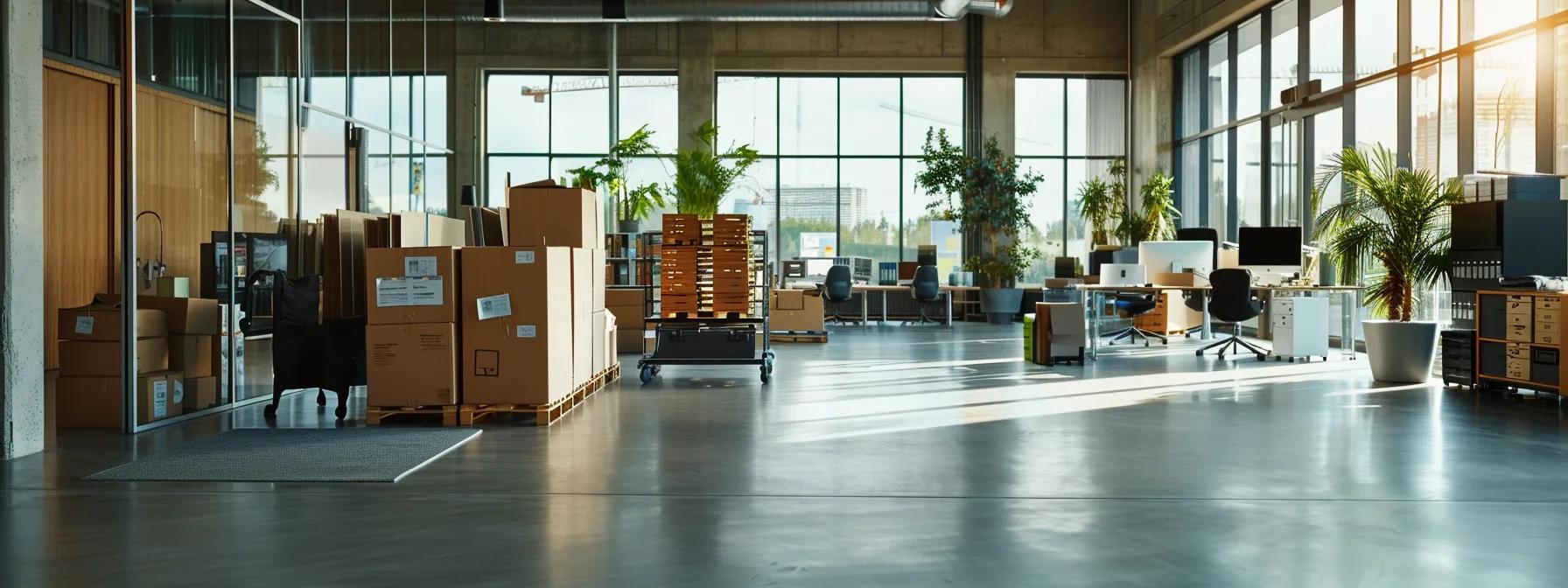 a dynamic office environment showcases professional movers expertly arranging and transporting office equipment, creating a seamless transition that emphasizes efficiency and minimal disruption to business operations.