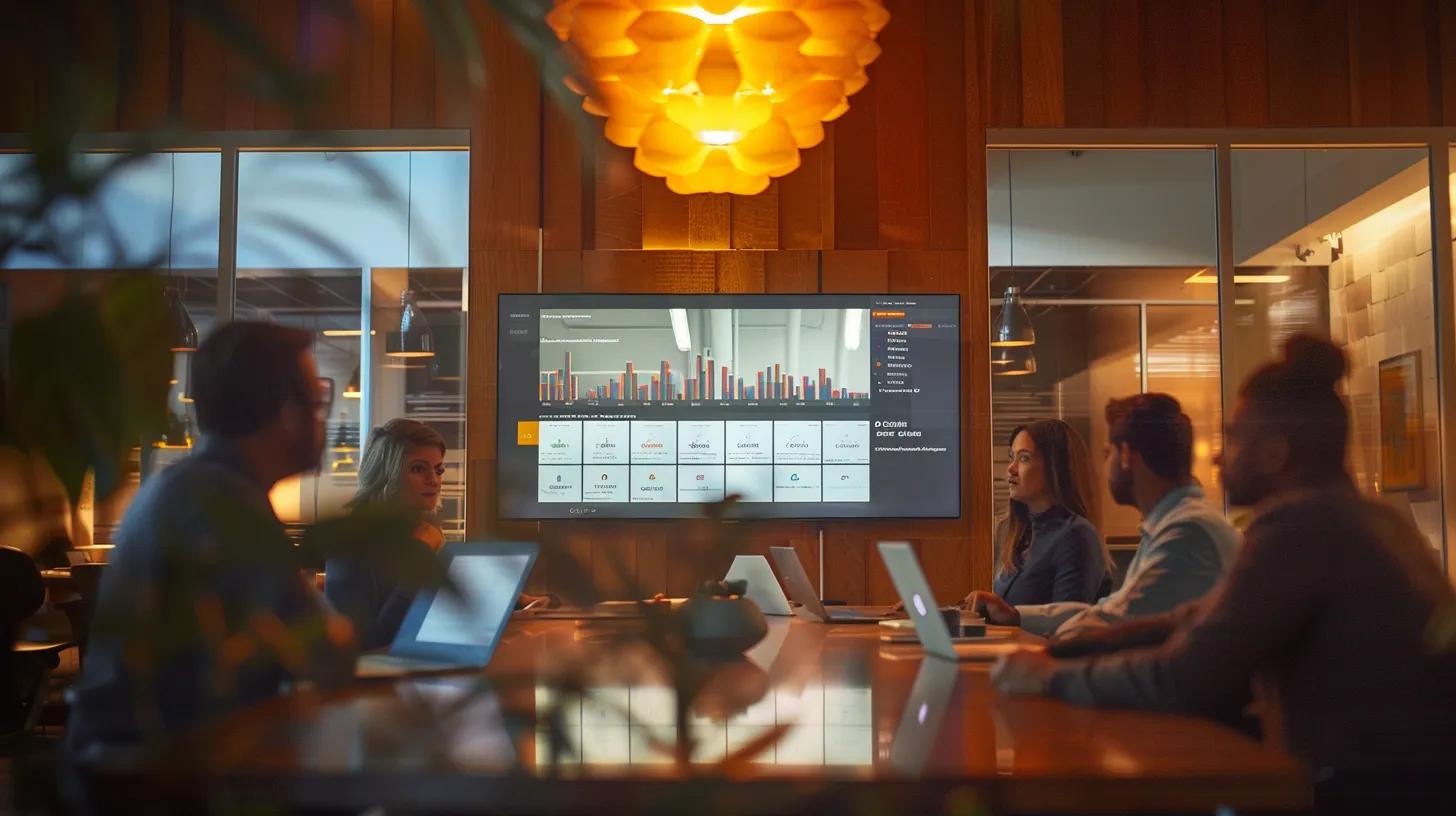 Group of professionals in a modern office meeting room, analyzing digital marketing data on a large screen, with laptops on the table, emphasizing collaboration and NAP consistency for local SEO strategies in Tampa.