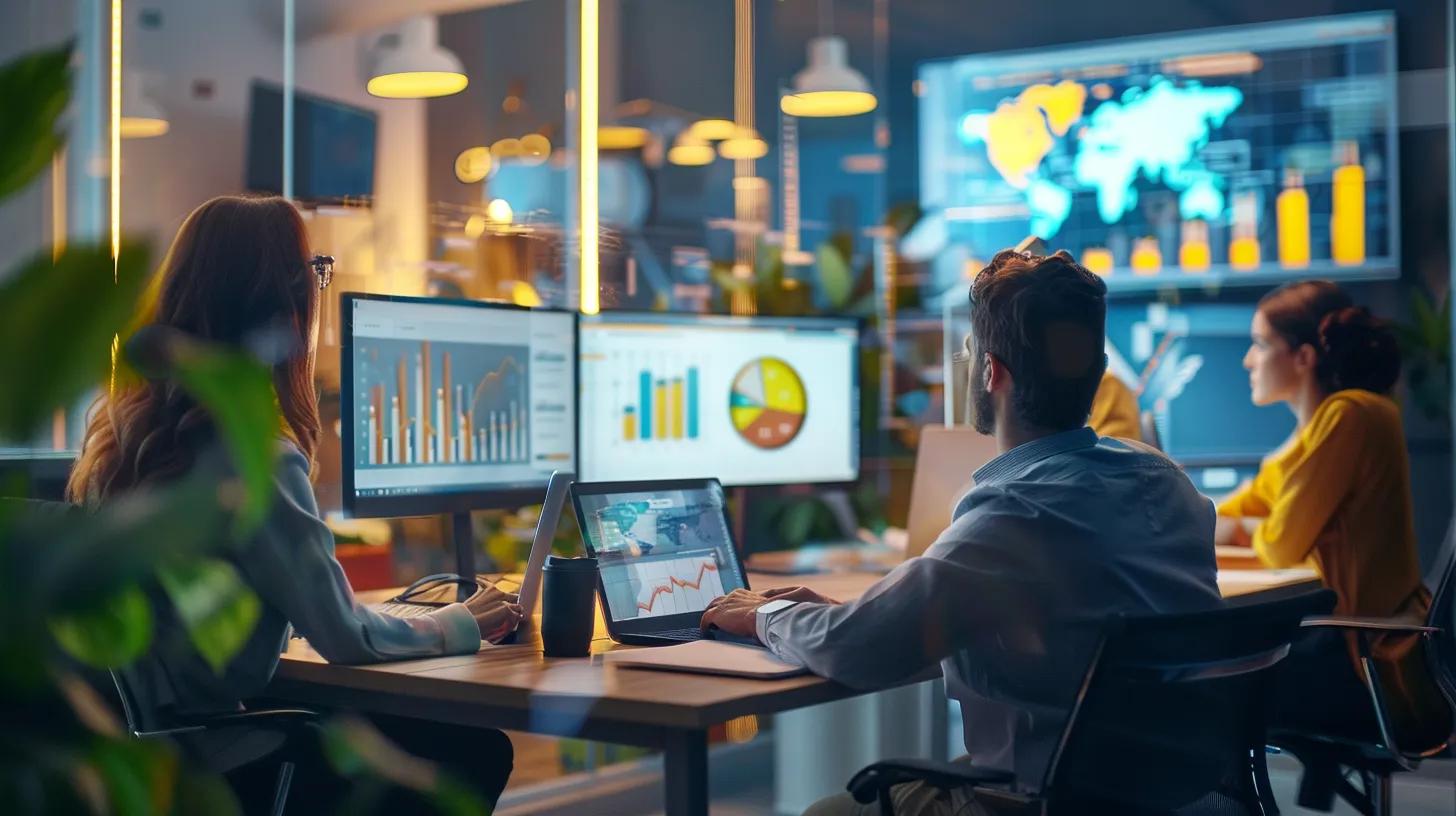 a dynamic office environment showcases a diverse team of professionals collaborating over digital marketing strategies, with vibrant charts and graphs displayed on screens, reflecting the innovative spirit of small businesses and startups. a dynamic office environment showcases a diverse team of professionals collaborating over digital marketing strategies, with vibrant charts and graphs displayed on screens, reflecting the innovative spirit of small businesses and startups.