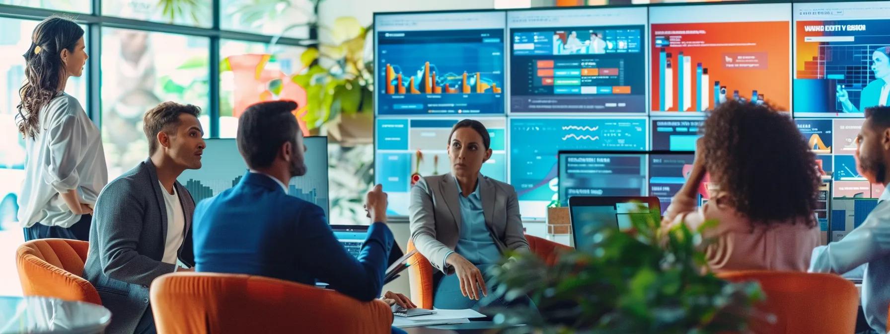 a dynamic office environment filled with energetic professionals engaged in a lively brainstorming session, surrounded by screens displaying data analytics and strategic branding visuals, illustrating the vibrant synergy of pr agencies maximizing tv exposure for brands.