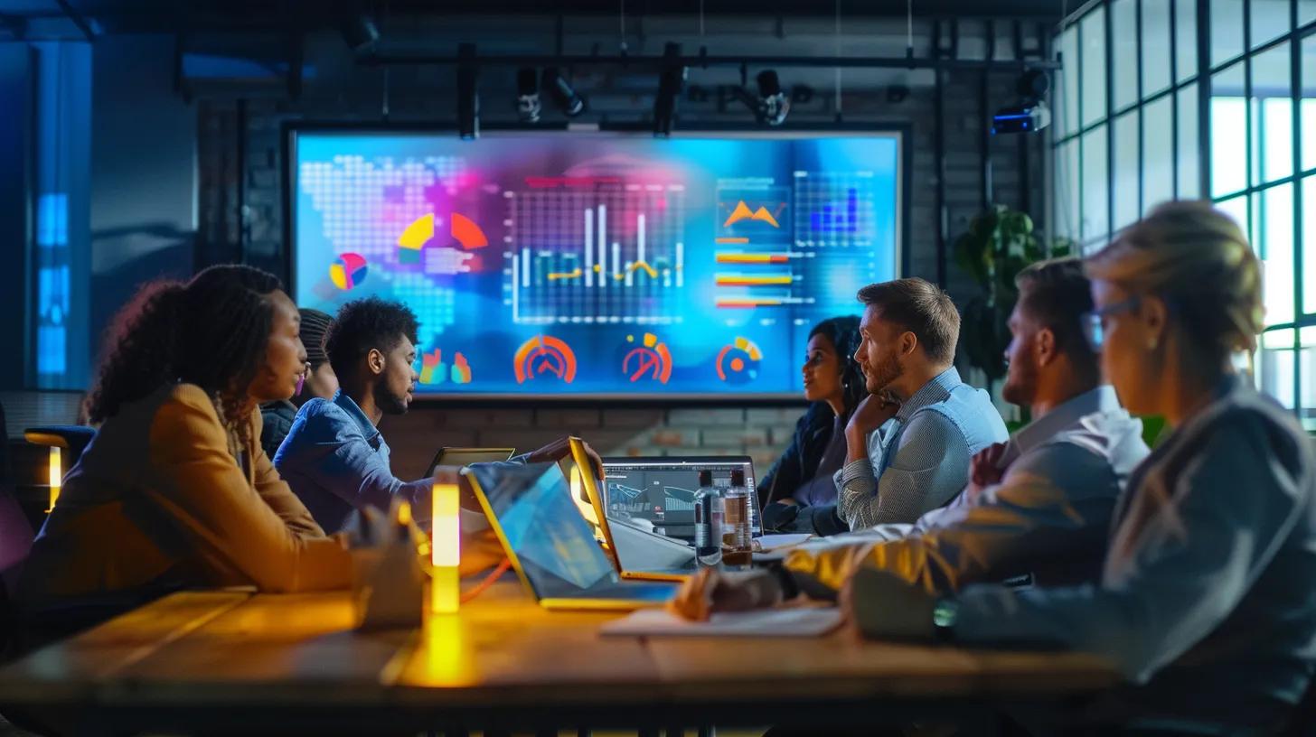 a dynamic office scene showcasing a diverse team engaged in an animated discussion around a digital display, illustrating the impressive growth metrics from seo case studies with vibrant charts and graphs glowing on screen. a dynamic office scene showcasing a diverse team engaged in an animated discussion around a digital display, illustrating the impressive growth metrics from seo case studies with vibrant charts and graphs glowing on screen.