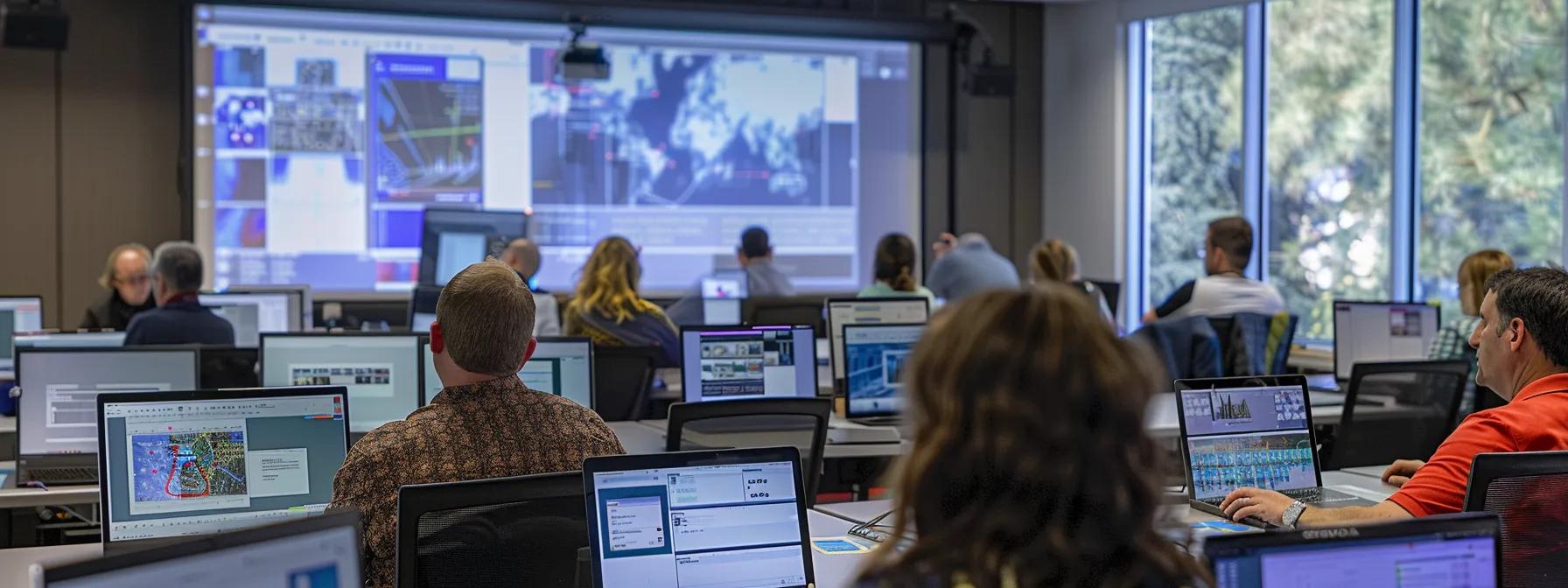 a dynamic office training session features focused participants intently engaging with their laptops, while a sleek digital display showcases effective autocad shortcut strategies, illuminated by bright, modern lighting.