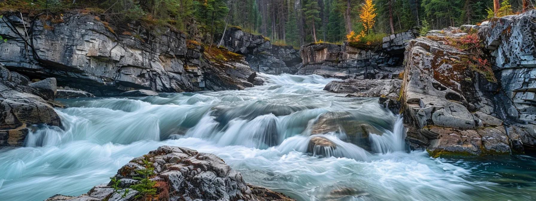 a dynamic river scene captures the intense flow of water around a rocky outcrop, with a safety briefing poster prominently displayed nearby, emphasizing the importance of awareness and precaution amidst the evident hazards.