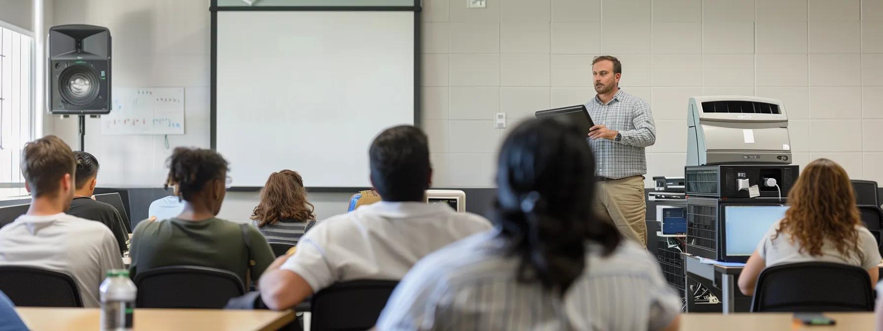 a dynamic training session unfolds in a modern classroom, with diverse students engaged around hvac equipment, focusing intently as an instructor demonstrates practical techniques for launching their careers.