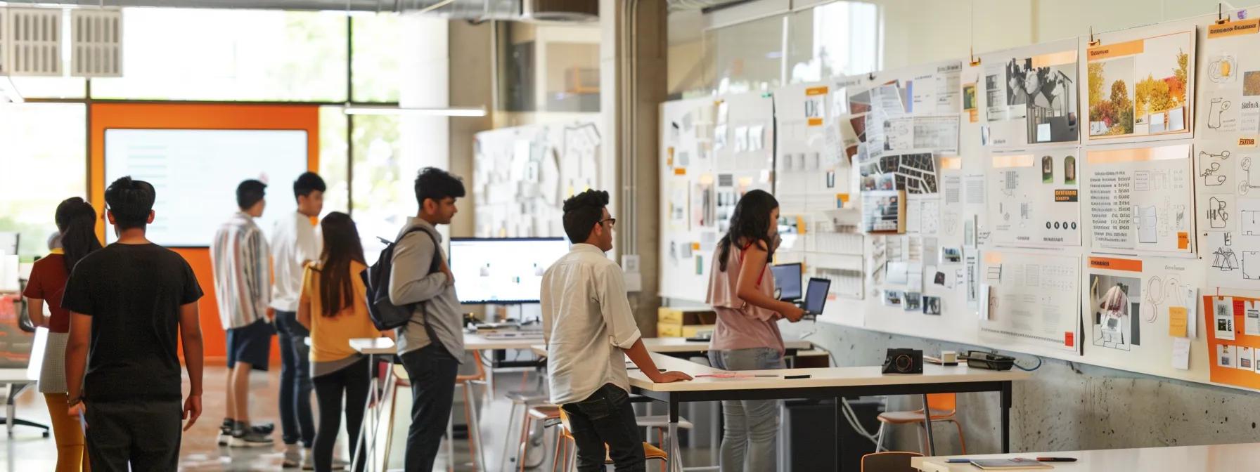 a dynamic urban classroom setting showcases diverse architecture students engaged in interactive discussions, with project boards illustrating various career tracks like residential design and technology-driven visualization prominently displayed.