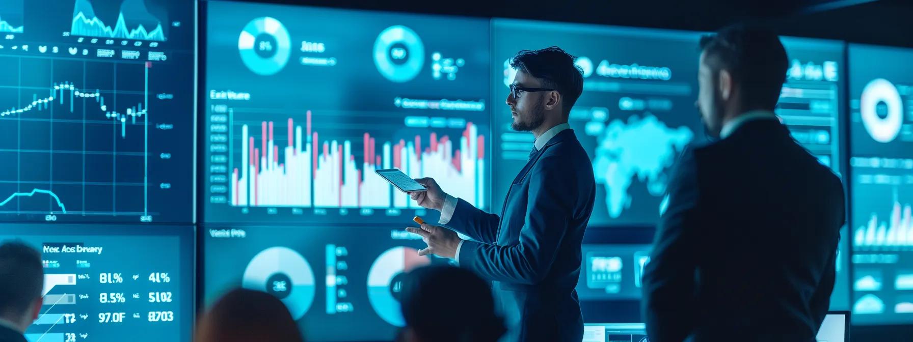 a dynamic urban office setting features a diverse team of professionals intensely collaborating over digital devices, with vibrant charts and graphs displayed on a sleek wall-mounted screen, symbolizing strategic efforts to enhance local seo and business growth in olympia, wa.