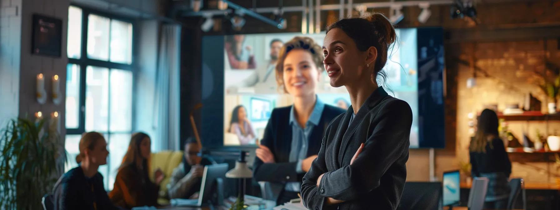a dynamic urban office scene showcases a confident individual standing in front of a large screen displaying their recent tv appearance, surrounded by enthusiastic colleagues engaged in brainstorming sessions to strategize amplifying the broadcast's impact.