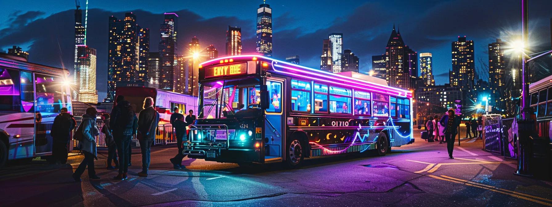 a dynamic urban setting showcases a vibrant party bus at night, illuminated by colorful neon lights, surrounded by an excited group of friends eagerly discussing their booking plans against a backdrop of a bustling city skyline.