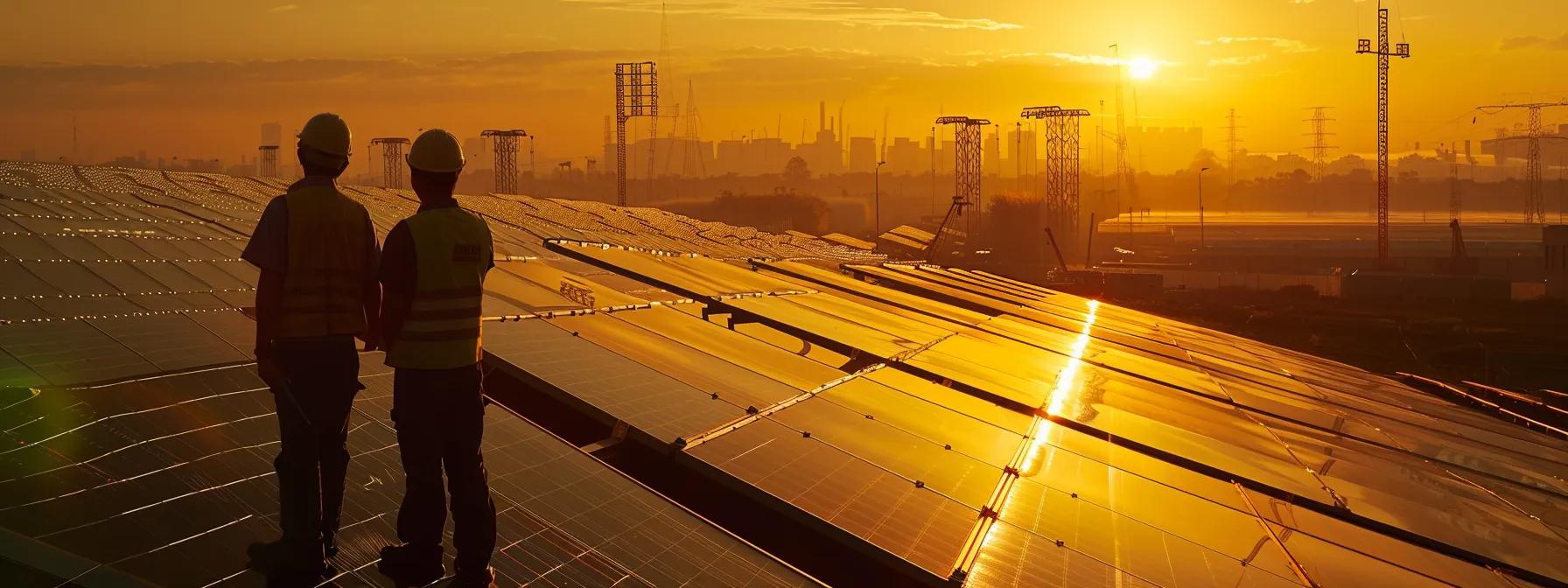 a dynamic urban solar farm scene showcases skilled technicians retrofitting solar panels with advanced tracking systems, illuminated by bright artificial lights reflecting the meticulous project planning and innovative technology integration. a dynamic urban solar farm scene showcases skilled technicians retrofitting solar panels with advanced tracking systems, illuminated by bright artificial lights reflecting the meticulous project planning and innovative technology integration.