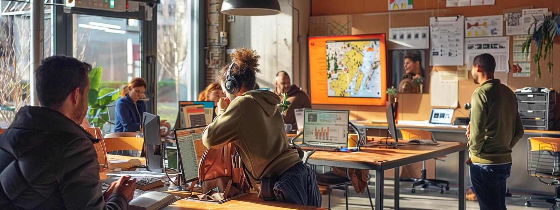 a dynamic urban workspace filled with engaged individuals scrutinizing detailed maps and safety checklists, emphasizing thorough preparation and teamwork for a river tubing safety adventure.