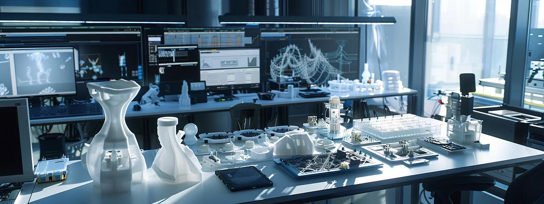 a dynamic workspace filled with 3d printed prototypes and digital screens displaying schematics, emphasizing the fast-paced innovation and testing involved in rapid prototyping applications.