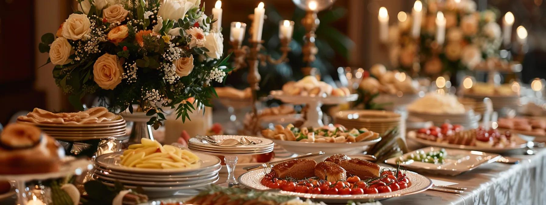 a elegantly set wedding reception table adorned with sophisticated tableware and a lavish buffet display, highlighting a diverse array of exquisite dishes and beverages that cater to various dietary needs in a stylish indoor setting.