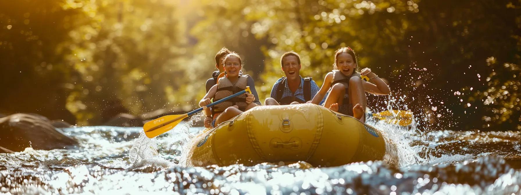 a family floating down the exhilarating rapids of the ocoee river, with young children splashing and laughing in the middle section of the river during a half-day rafting trip.