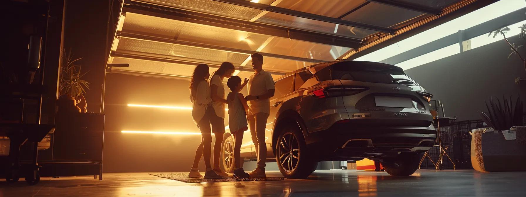 a family of four is gathered in a modern garage, intently examining the wheels of their stylish suv, illuminated by bright overhead lights, highlighting the sleek design while troubleshooting the source of a squeaking brake sound.