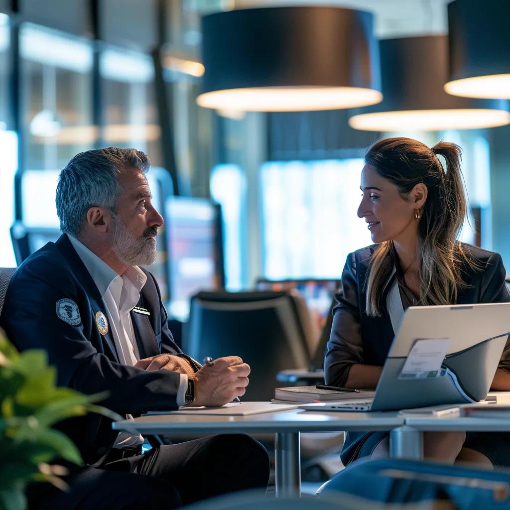 a focused airline environment showcases a pilot engaged in a thoughtful discussion with a mental health professional in a modern, well-lit office setting, emphasizing the importance of prioritizing mental well-being for safe flight duty.