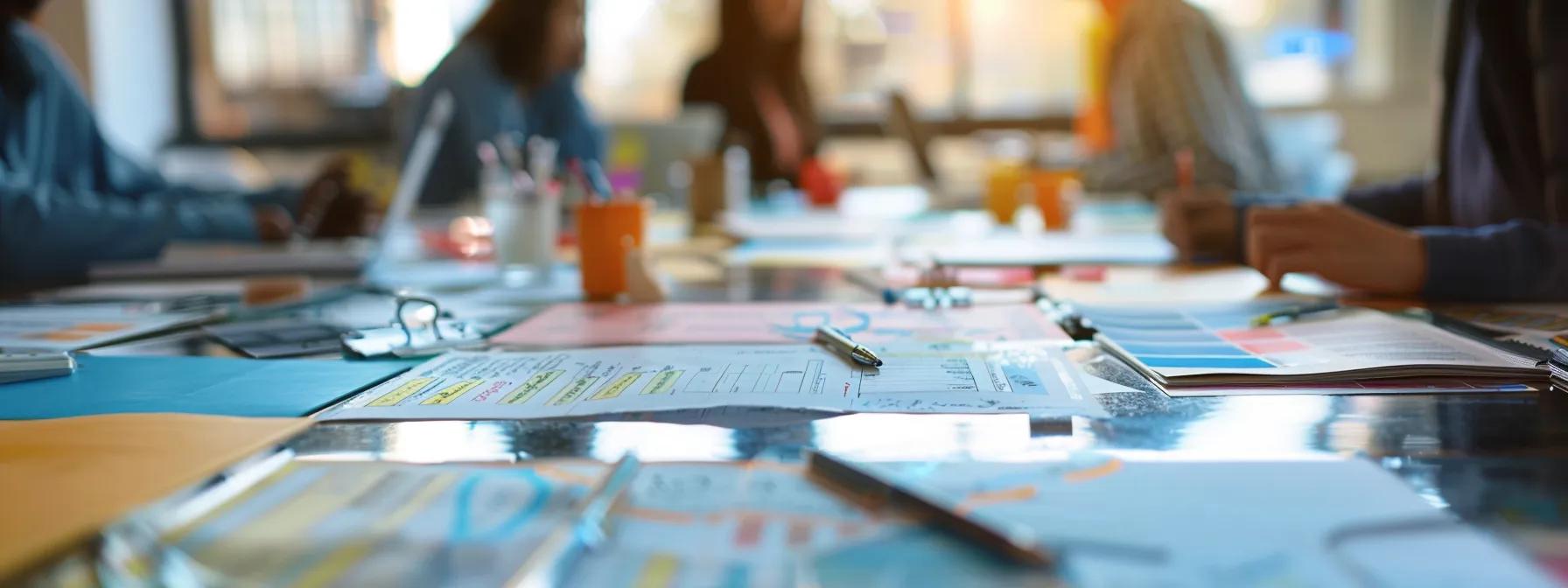 a focused and organized office space features a large table covered with colorful permits and documents, showcasing a group of professionals engaged in a strategic planning session about local regulations for tubing, highlighting the importance of legal compliance in an urban environment.