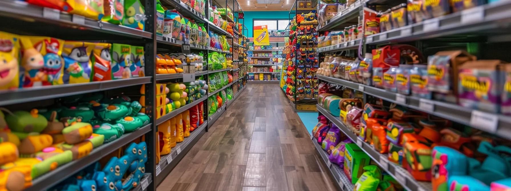 a focused, brightly lit pet store aisle displays a variety of colorful, engaging puzzle toys tailored for dogs, highlighting different difficulty levels to capture a dog's curiosity and promote mental stimulation. a focused, brightly lit pet store aisle displays a variety of colorful, engaging puzzle toys tailored for dogs, highlighting different difficulty levels to capture a dog's curiosity and promote mental stimulation.