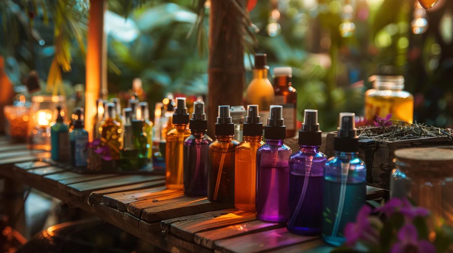 a focused display of various eco-friendly insect repellents arranged on a rustic wooden garden table, showcasing colorful organic sprays, oil blends, and their natural ingredients, all illuminated by warm indoor lighting to emphasize their sustainable artistry.