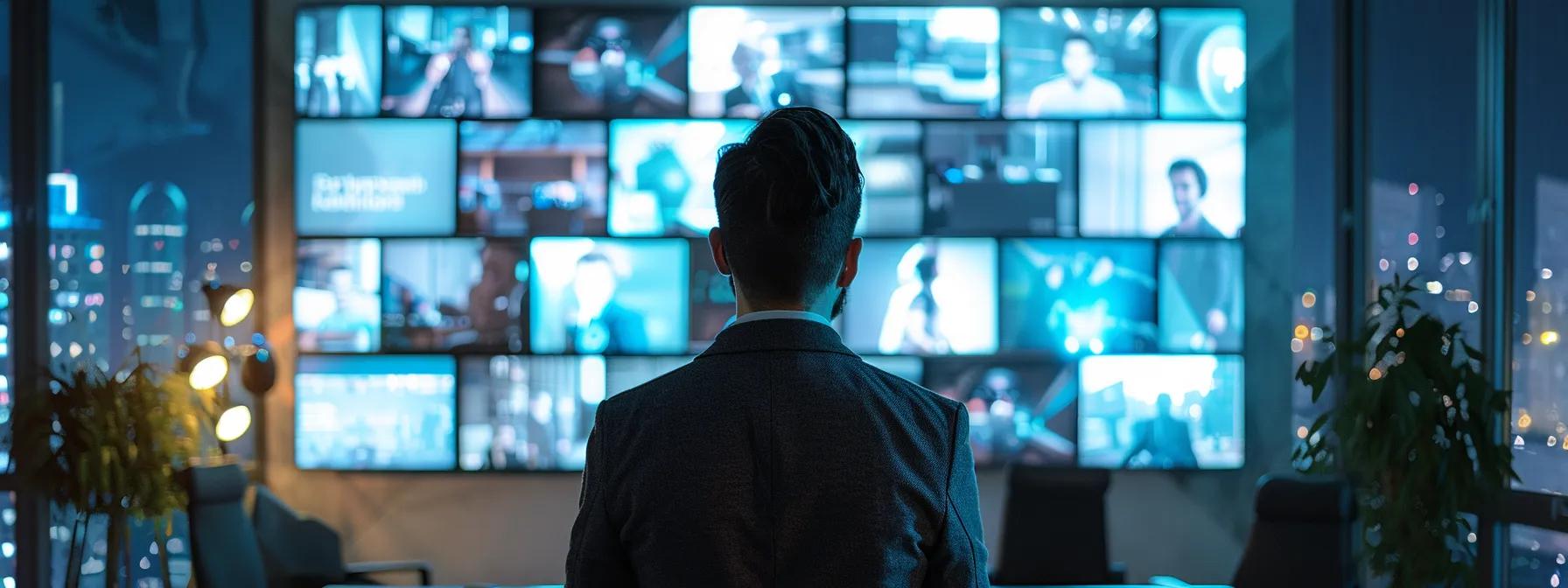 a focused individual stands in a modern office environment, analyzing a digital screen displaying a diverse array of tv show logos, illuminated by soft, focused lighting that emphasizes the strategic decision-making process.