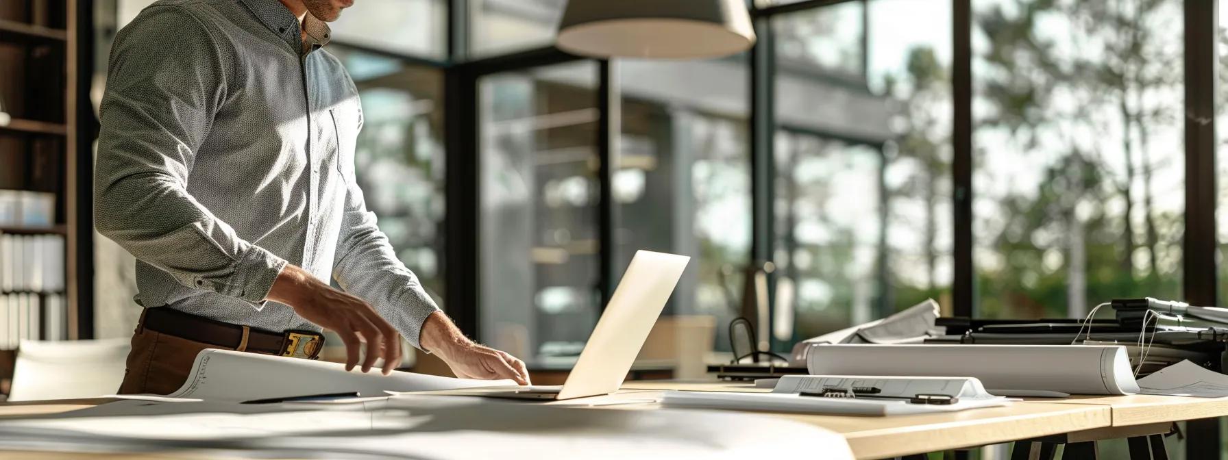 a focused, modern office space showcases a contractor reviewing roofing material samples on a polished conference table, surrounded by detailed blueprints and a sleek laptop, emphasizing the importance of careful cost analysis in project decisions. a focused, modern office space showcases a contractor reviewing roofing material samples on a polished conference table, surrounded by detailed blueprints and a sleek laptop, emphasizing the importance of careful cost analysis in project decisions.