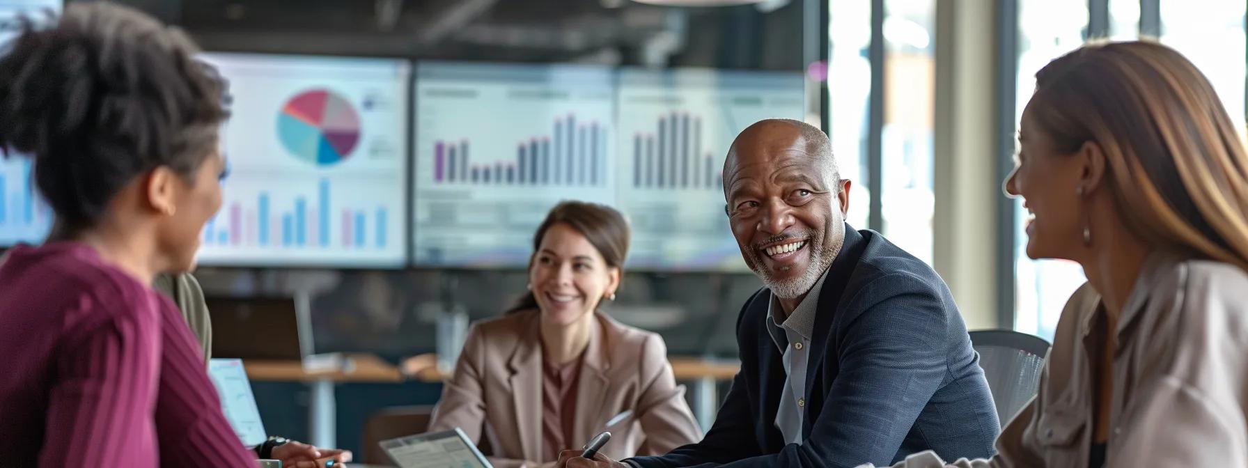 a focused office scene showcases a confident financial advisor engaging in a vivid discussion with a diverse group of new medicare recipients, surrounded by informative charts and digital screens illustrating benefits summaries, illuminated by modern, soft overhead lighting.