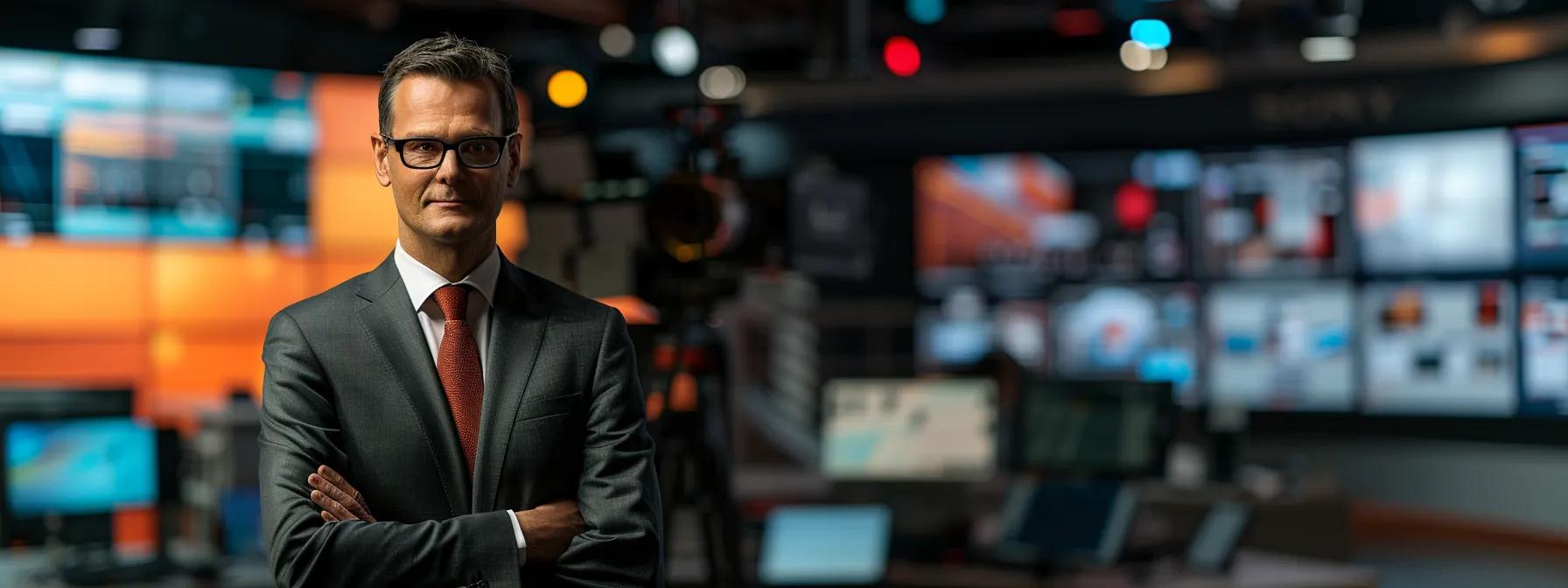 a focused presenter stands confidently in a modern studio set, surrounded by sleek digital screens displaying notes and graphics, embodying the essence of meticulous preparation for an impactful on-air feature.