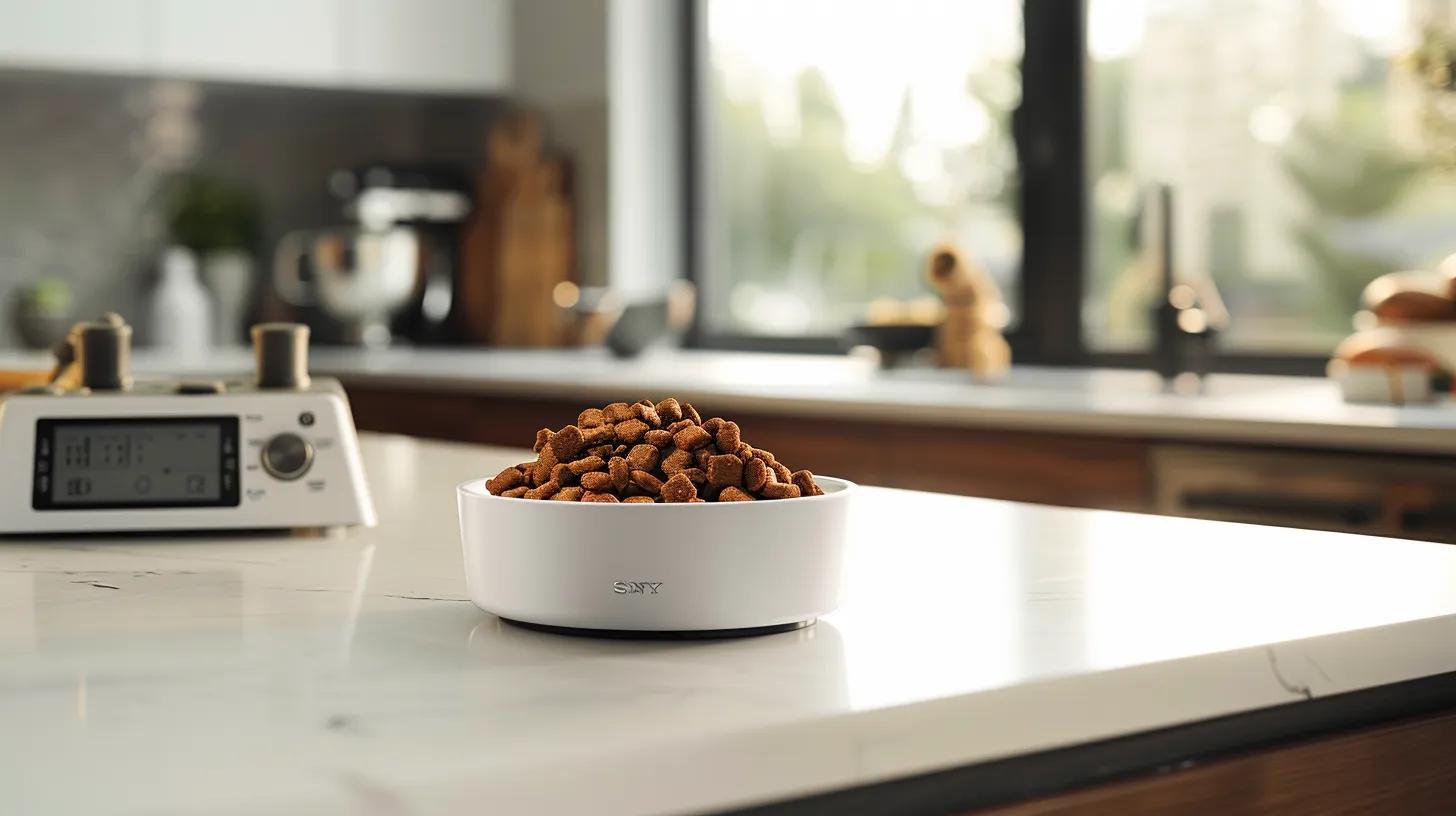 a focused scene in a modern kitchen showcases a neatly arranged bowl of senior dog food on a stylish countertop, with a digital scale and measuring cup nearby, highlighting the importance of precise portion control for senior dogs' nutrition. a focused scene in a modern kitchen showcases a neatly arranged bowl of senior dog food on a stylish countertop, with a digital scale and measuring cup nearby, highlighting the importance of precise portion control for senior dogs' nutrition.