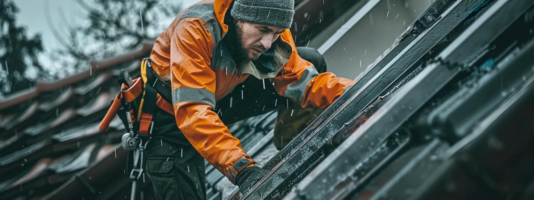 a focused shot of a professional emergency repair technician inspecting a damaged roof from a sturdy ladder on a rainy day, with tools and safety equipment visibly arranged around them, highlighting the urgency and professionalism of the leak repair service. a focused shot of a professional emergency repair technician inspecting a damaged roof from a sturdy ladder on a rainy day, with tools and safety equipment visibly arranged around them, highlighting the urgency and professionalism of the leak repair service.
